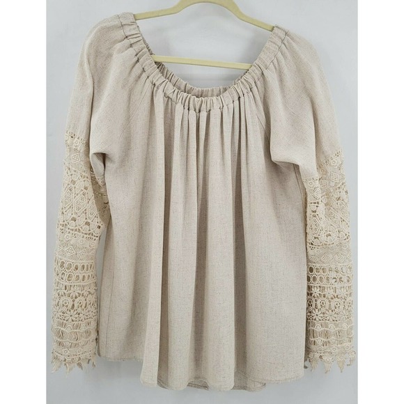 Chrysanthemum Women's M Tan Bell Sleeve Crochet Bell Sleeve Top Slouchy Linen - Picture 2 of 10
